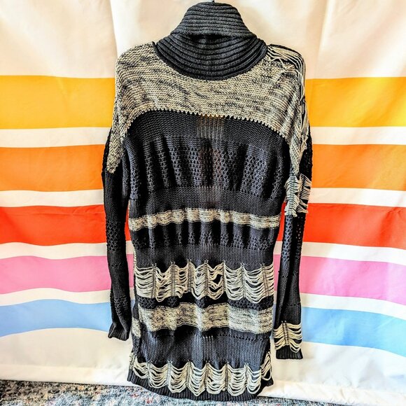 Allsaints Siouxsie Cardigan Black Tan Distressed Knit Grunge Long Duster Fray 4 - Picture 2 of 16